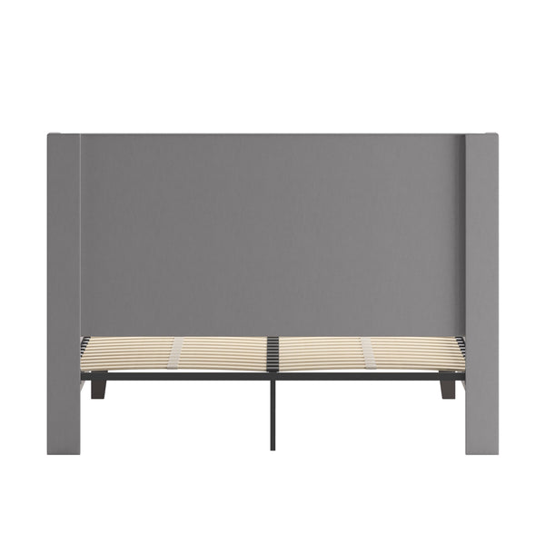 Light Gray,Queen |#| Queen Size Tufted Lt Gray Fabric Platform Bed w/Accent Nail Trim Extended Sides