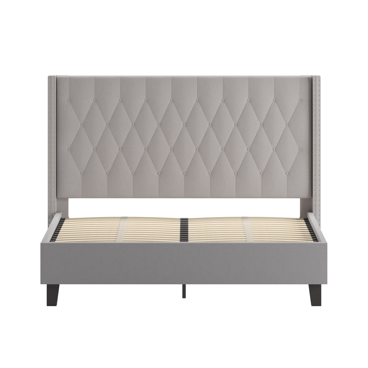 Light Gray,Queen |#| Queen Size Tufted Lt Gray Fabric Platform Bed w/Accent Nail Trim Extended Sides