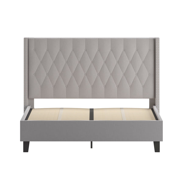 Light Gray,Queen |#| Queen Size Tufted Lt Gray Fabric Platform Bed w/Accent Nail Trim Extended Sides