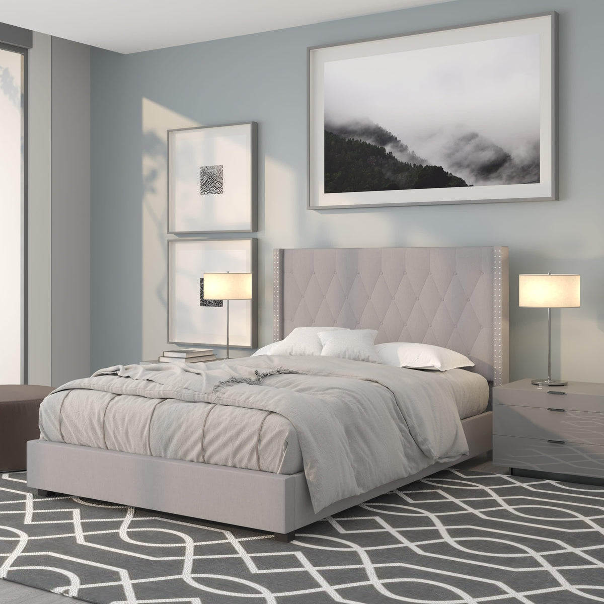 Light Gray,Full |#| Full Size Tufted Lt Gray Fabric Platform Bed w/ Accent Nail Trim Extended Sides