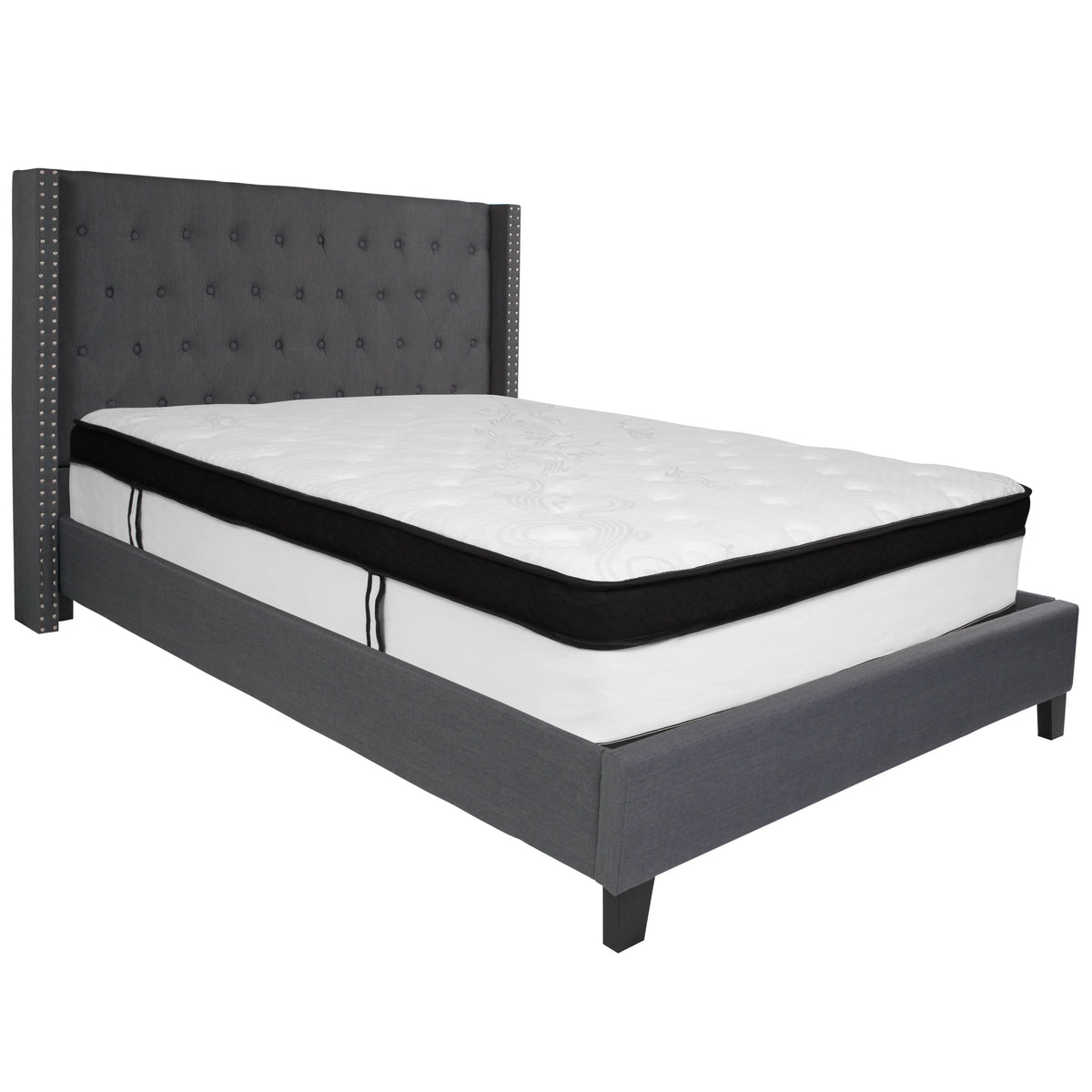 Dark Gray,Queen |#| Queen Size Tufted Dk Gray Fabric Platform Bed with Accent Nail Trim & Mattress