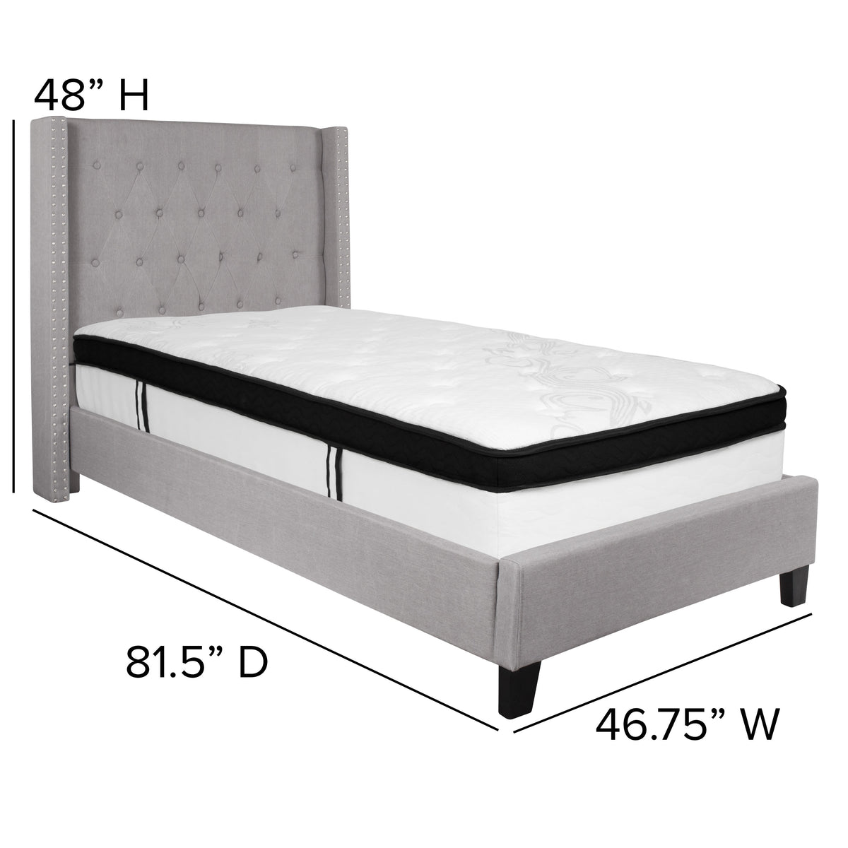 Light Gray,Twin |#| Twin Size Tufted Light Gray Fabric Platform Bed with Accent Nail Trim & Mattress