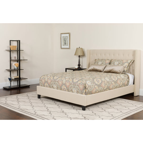Beige,Queen |#| Queen Size Tufted Beige Fabric Platform Bed with Accent Nail Trim & Mattress