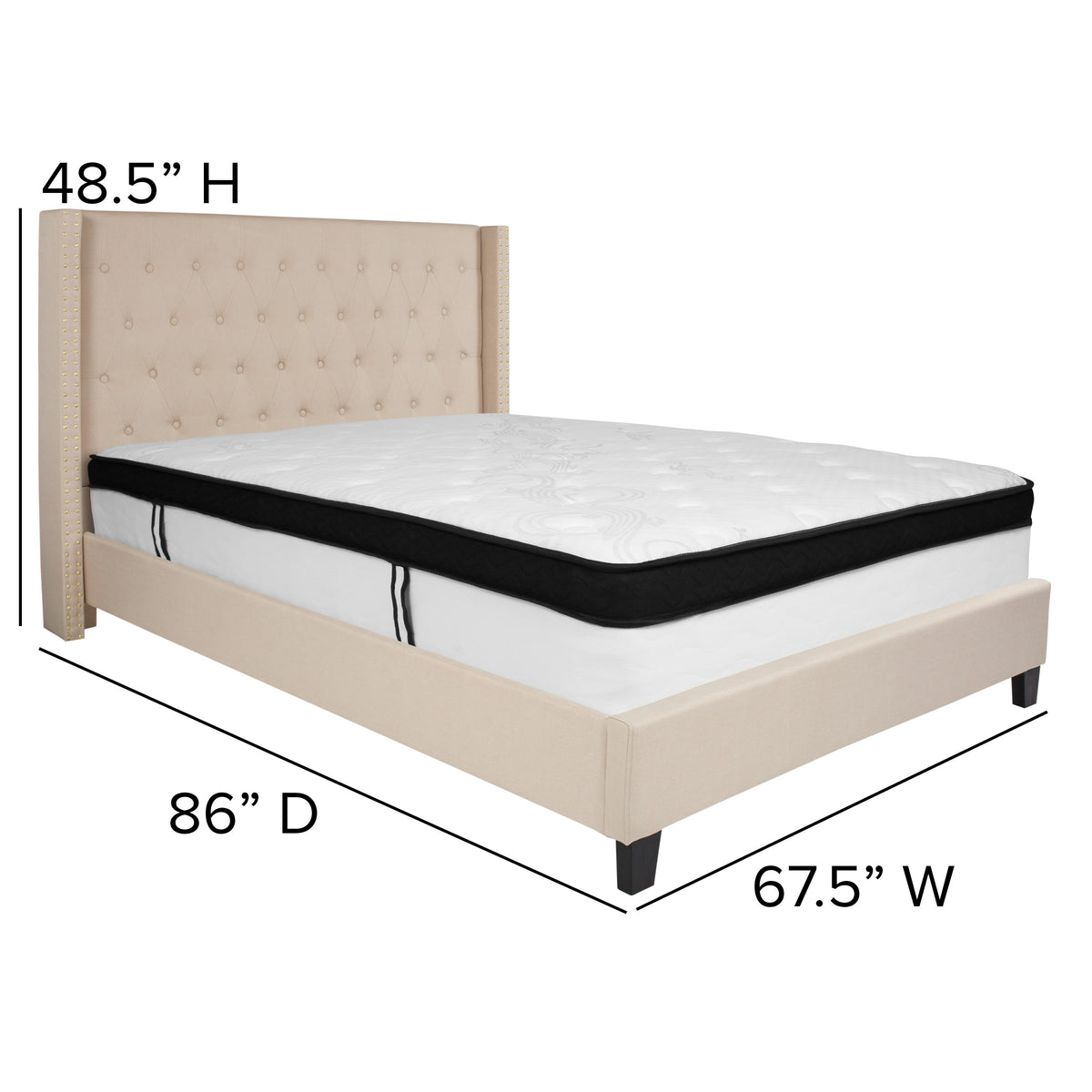 Beige,Queen |#| Queen Size Tufted Beige Fabric Platform Bed with Accent Nail Trim & Mattress