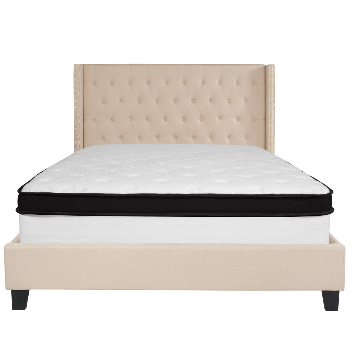 Beige,Queen |#| Queen Size Tufted Beige Fabric Platform Bed with Accent Nail Trim & Mattress