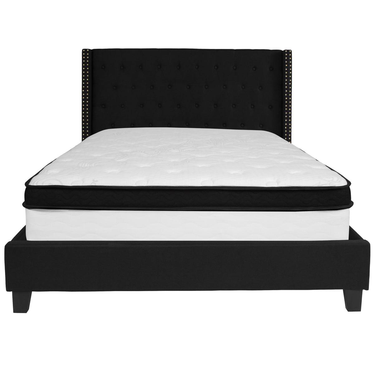 Black,Queen |#| Queen Size Tufted Black Fabric Platform Bed with Accent Nail Trim & Mattress