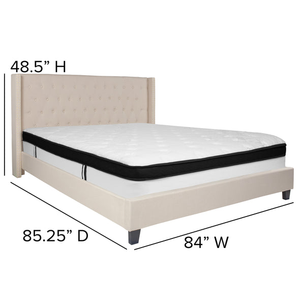 Beige,King |#| King Size Tufted Beige Fabric Platform Bed with Accent Nail Trim & Mattress