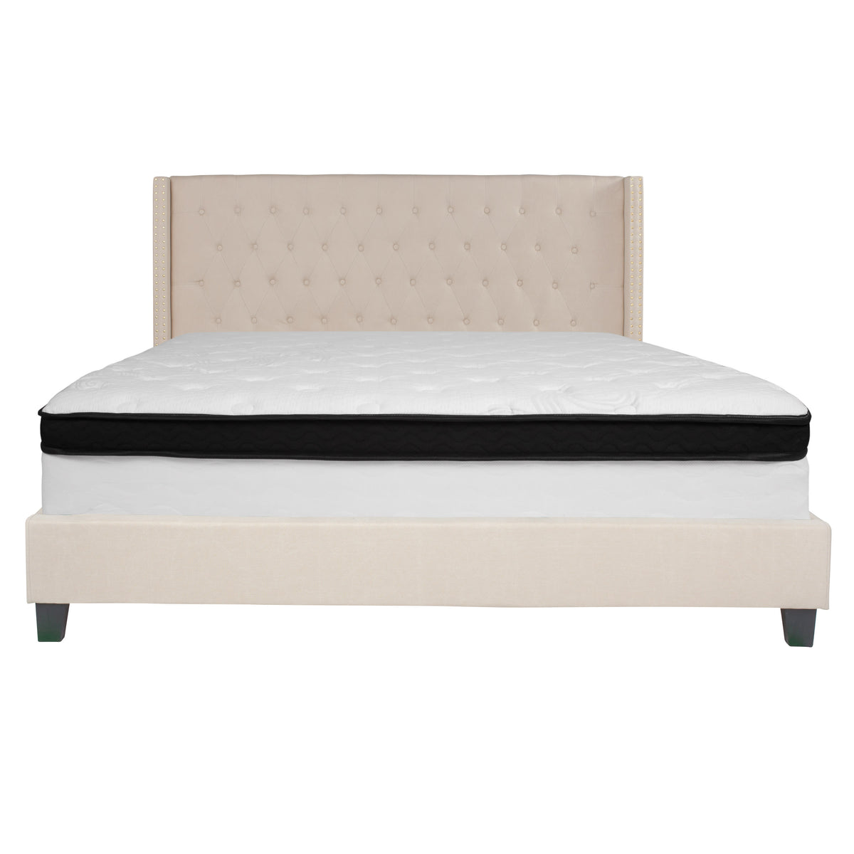 Beige,King |#| King Size Tufted Beige Fabric Platform Bed with Accent Nail Trim & Mattress