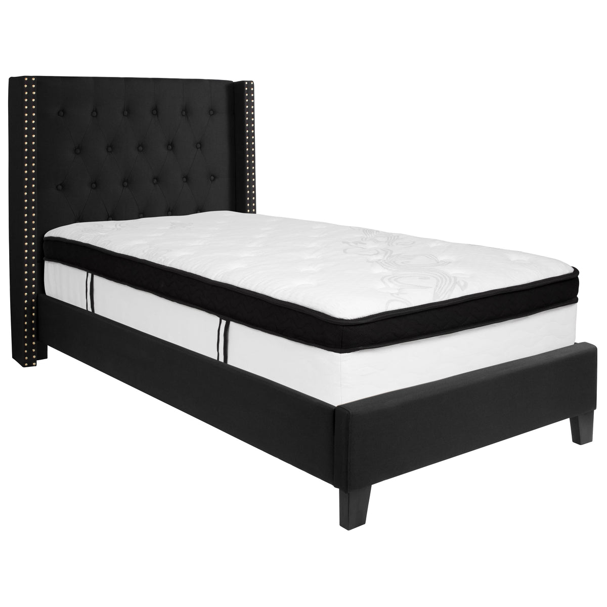 Black,Twin |#| Twin Size Tufted Black Fabric Platform Bed with Accent Nail Trim & Mattress