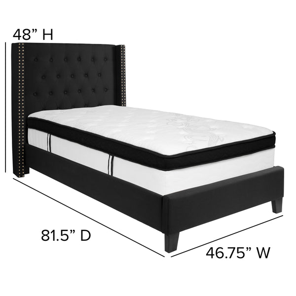 Black,Twin |#| Twin Size Tufted Black Fabric Platform Bed with Accent Nail Trim & Mattress