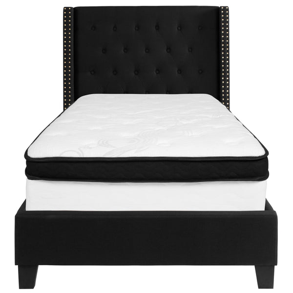 Black,Twin |#| Twin Size Tufted Black Fabric Platform Bed with Accent Nail Trim & Mattress