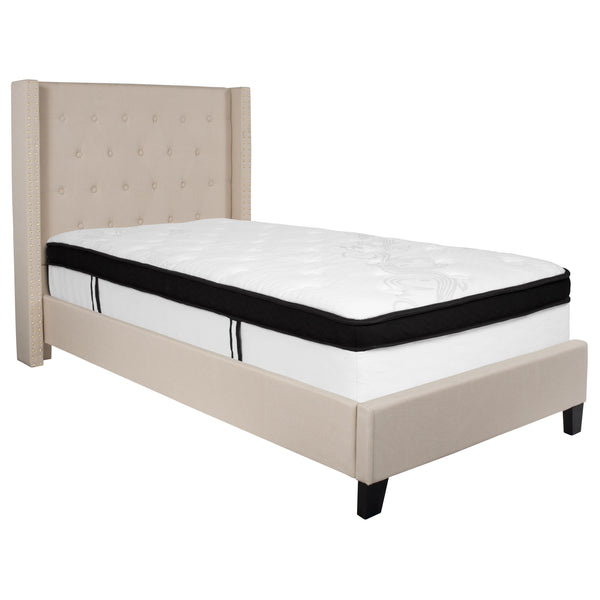 Beige,Twin |#| Twin Size Tufted Beige Fabric Platform Bed with Accent Nail Trim & Mattress