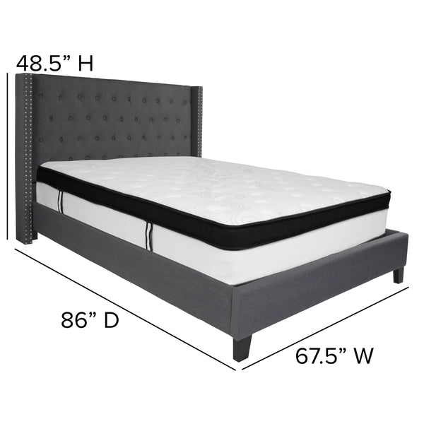 Dark Gray,Queen |#| Queen Size Tufted Dk Gray Fabric Platform Bed with Accent Nail Trim & Mattress