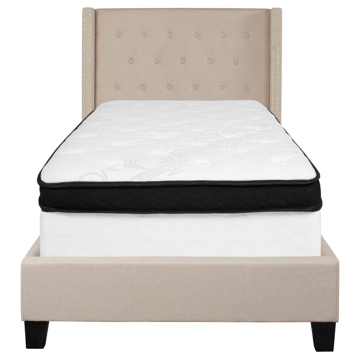 Beige,Twin |#| Twin Size Tufted Beige Fabric Platform Bed with Accent Nail Trim & Mattress