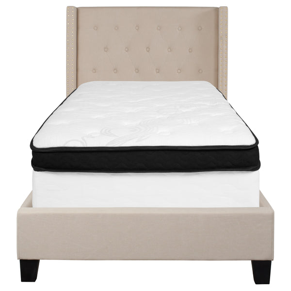 Beige,Twin |#| Twin Size Tufted Beige Fabric Platform Bed with Accent Nail Trim & Mattress