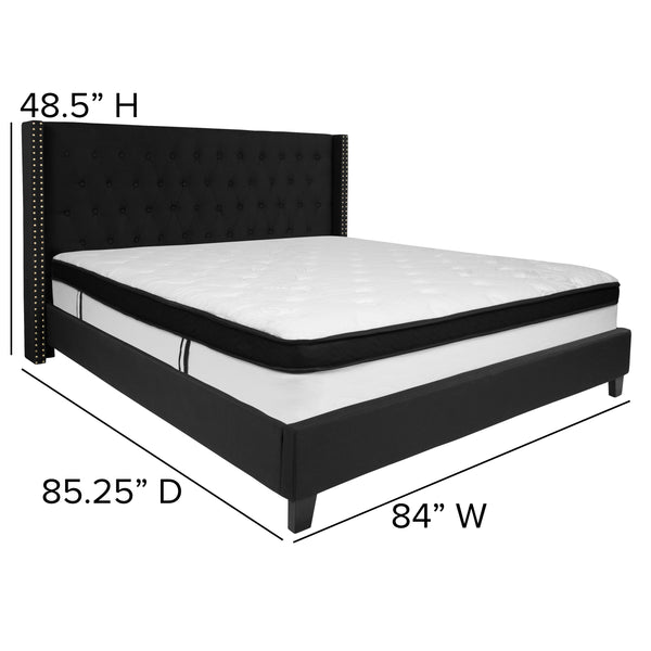 Black,King |#| King Size Tufted Black Fabric Platform Bed with Accent Nail Trim & Mattress