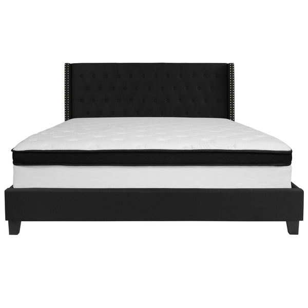 Black,King |#| King Size Tufted Black Fabric Platform Bed with Accent Nail Trim & Mattress