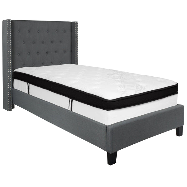 Dark Gray,Twin |#| Twin Size Tufted Dark Gray Fabric Platform Bed with Accent Nail Trim & Mattress