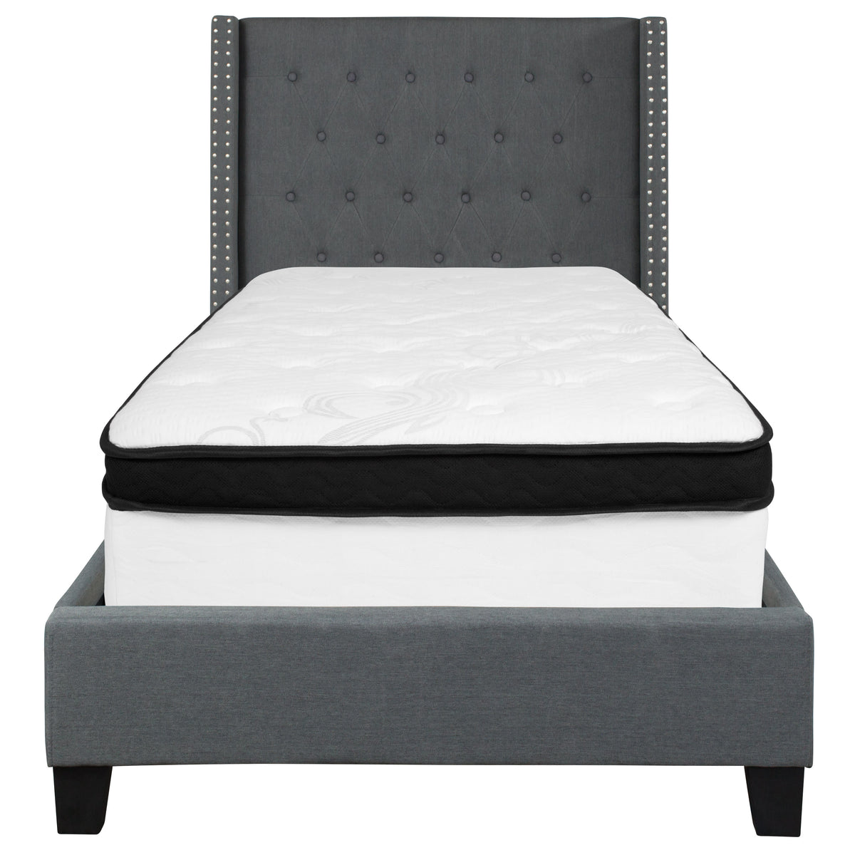 Dark Gray,Twin |#| Twin Size Tufted Dark Gray Fabric Platform Bed with Accent Nail Trim & Mattress