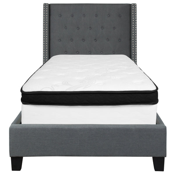 Dark Gray,Twin |#| Twin Size Tufted Dark Gray Fabric Platform Bed with Accent Nail Trim & Mattress