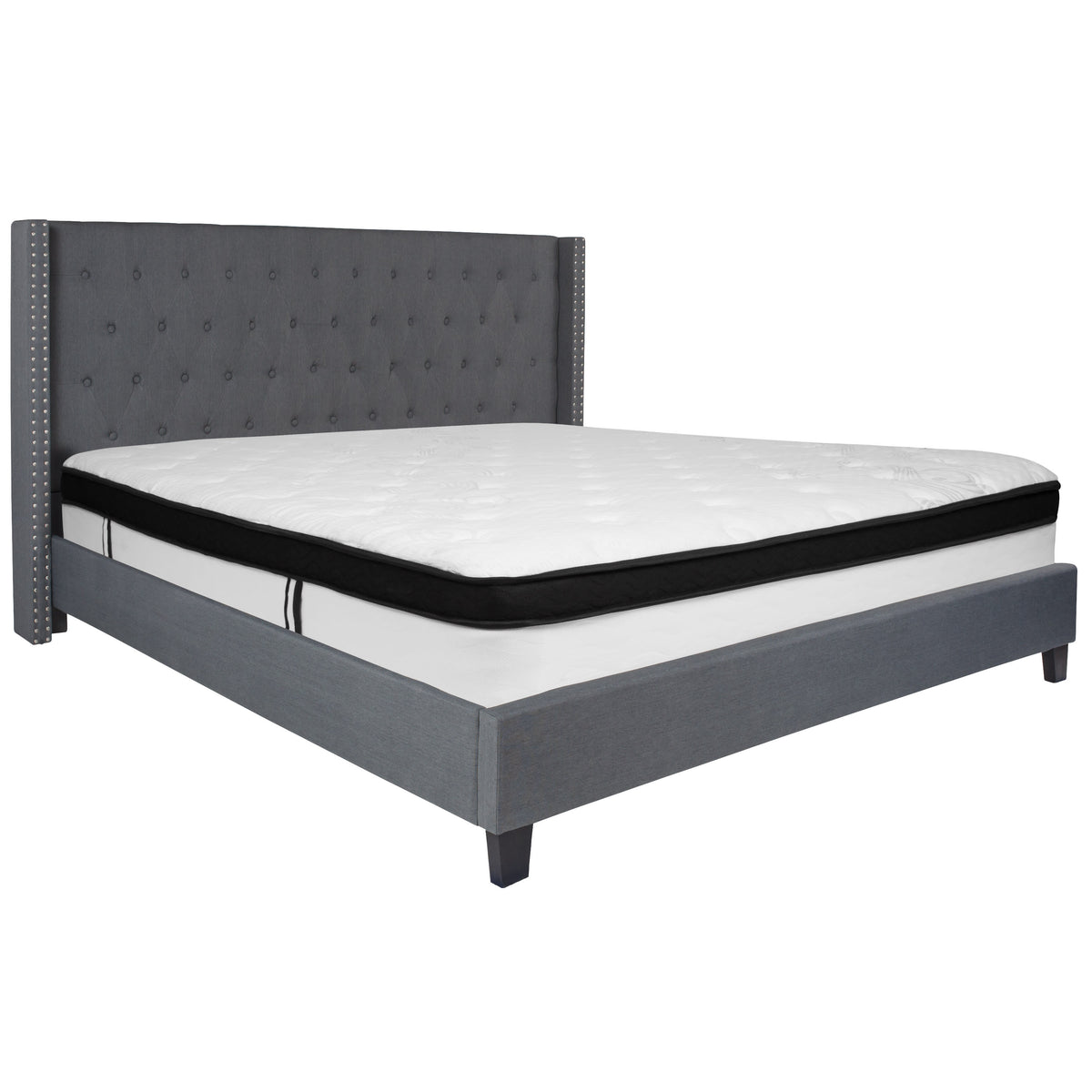 Dark Gray,King |#| King Size Tufted Dark Gray Fabric Platform Bed with Accent Nail Trim & Mattress