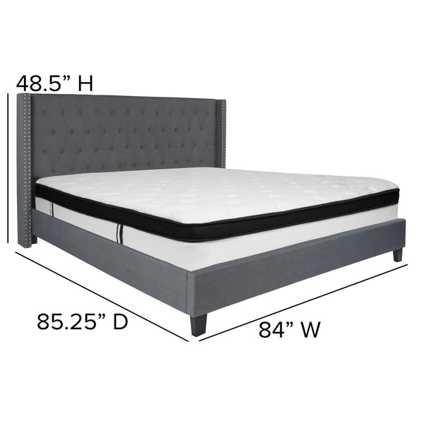 Dark Gray,King |#| King Size Tufted Dark Gray Fabric Platform Bed with Accent Nail Trim & Mattress