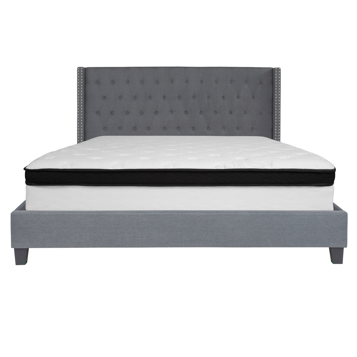 Dark Gray,King |#| King Size Tufted Dark Gray Fabric Platform Bed with Accent Nail Trim & Mattress