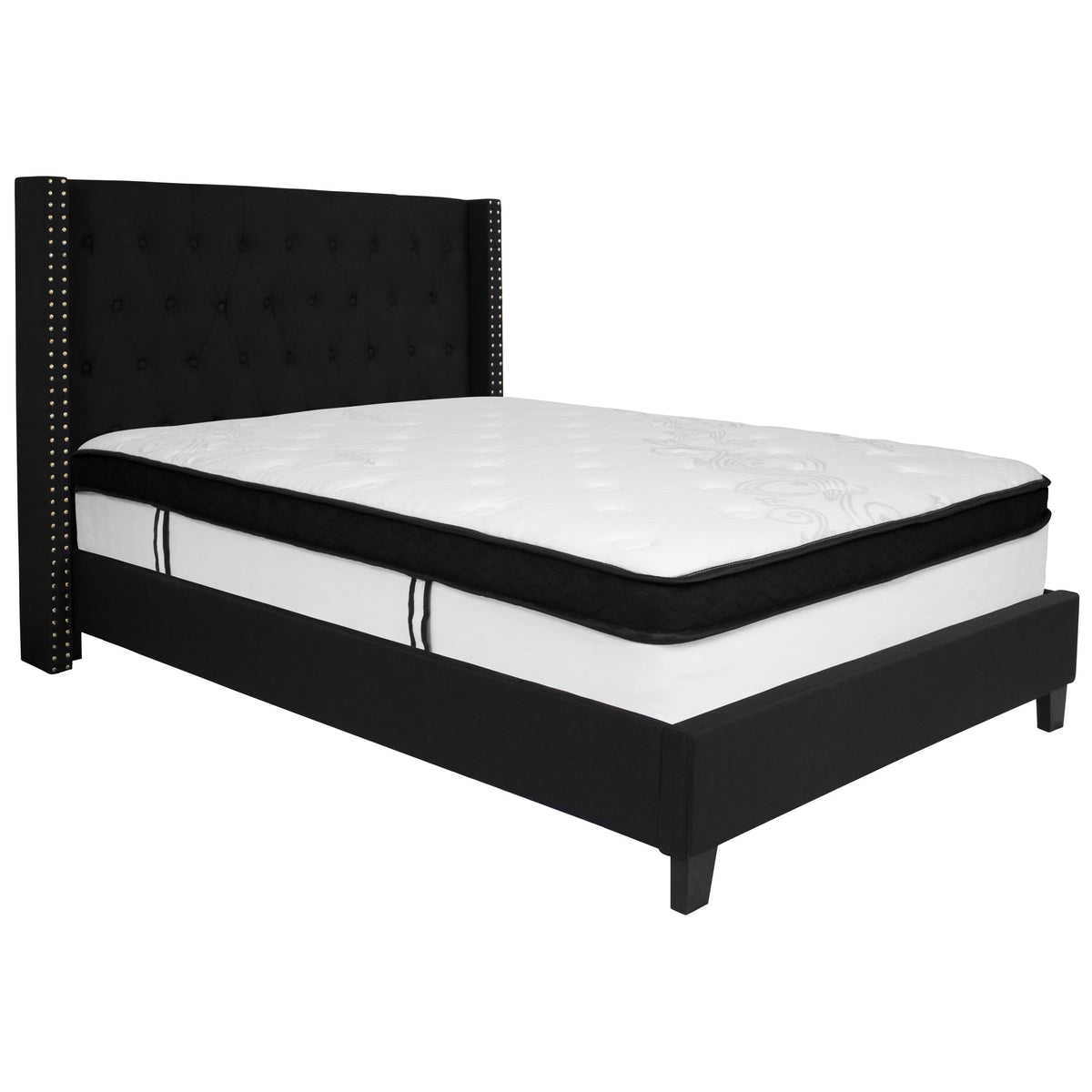 Black,Full |#| Full Size Tufted Black Fabric Platform Bed with Accent Nail Trim & Mattress