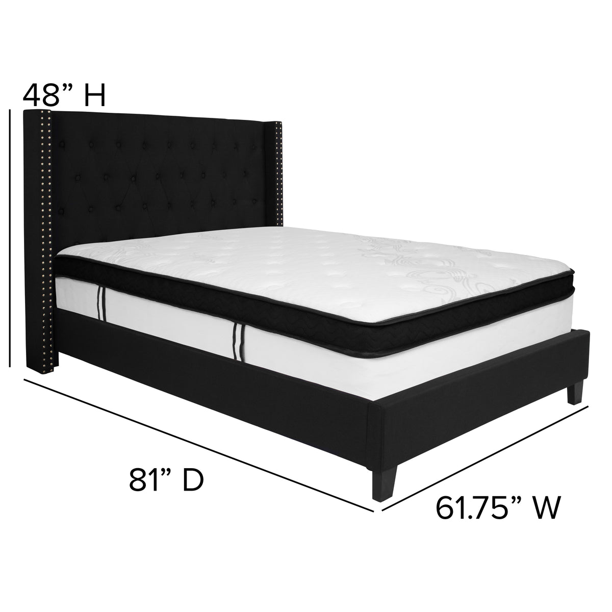 Black,Full |#| Full Size Tufted Black Fabric Platform Bed with Accent Nail Trim & Mattress