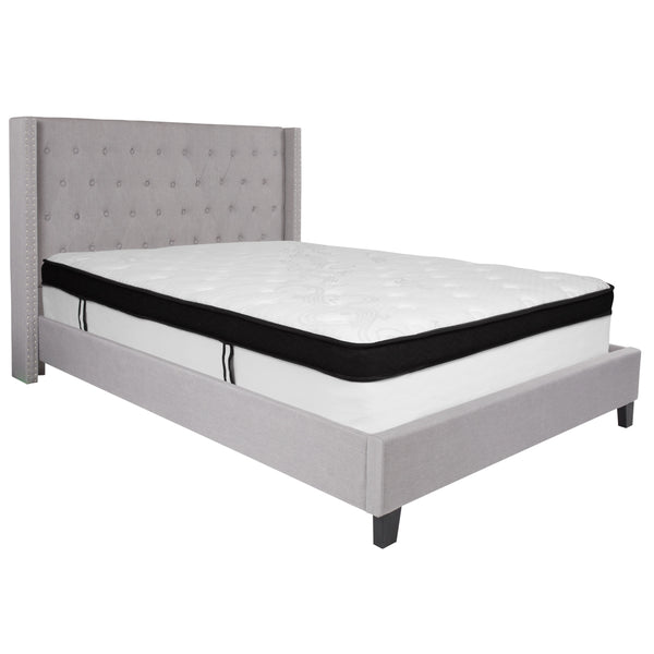 Light Gray,Queen |#| Queen Size Tufted Lt Gray Fabric Platform Bed with Accent Nail Trim & Mattress