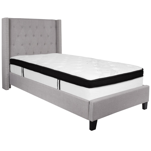 Light Gray,Twin |#| Twin Size Tufted Light Gray Fabric Platform Bed with Accent Nail Trim & Mattress