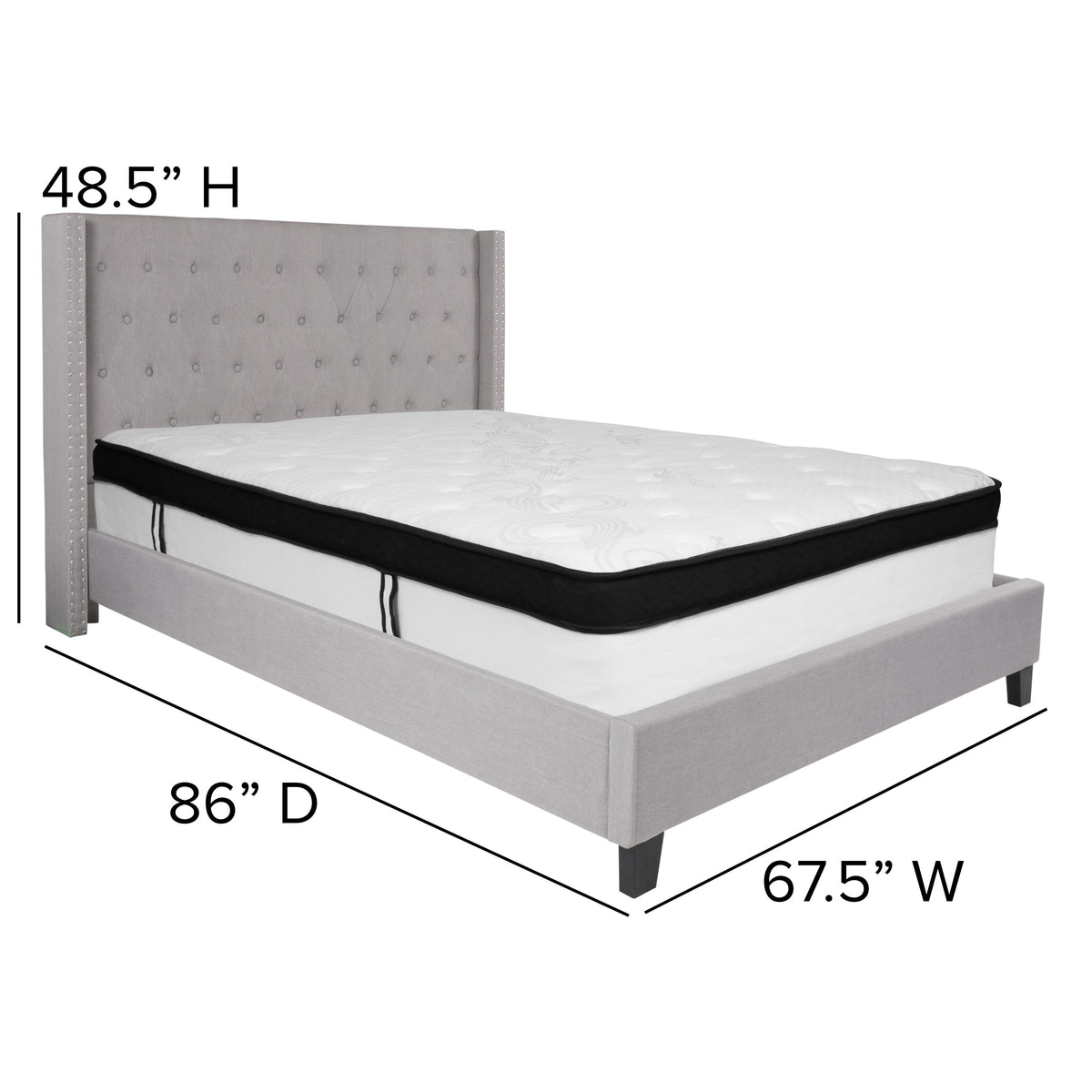 Light Gray,Queen |#| Queen Size Tufted Lt Gray Fabric Platform Bed with Accent Nail Trim & Mattress