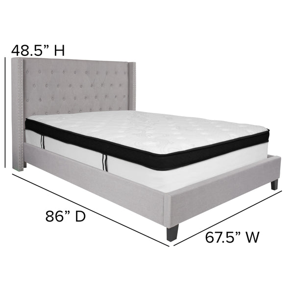 Light Gray,Queen |#| Queen Size Tufted Lt Gray Fabric Platform Bed with Accent Nail Trim & Mattress