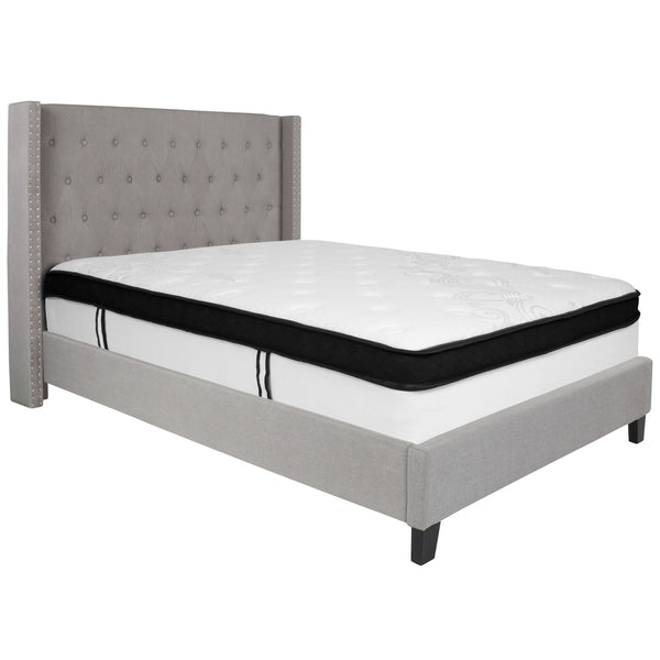 Light Gray,Full |#| Full Size Tufted Light Gray Fabric Platform Bed with Accent Nail Trim & Mattress