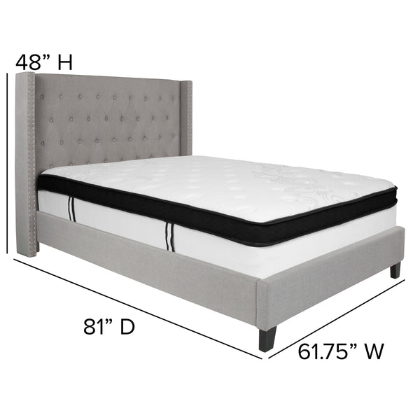 Light Gray,Full |#| Full Size Tufted Light Gray Fabric Platform Bed with Accent Nail Trim & Mattress