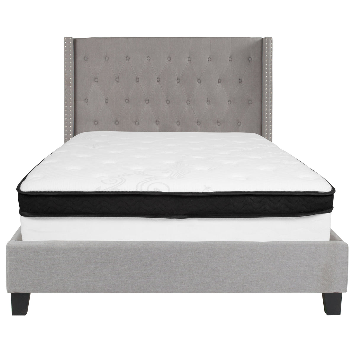 Light Gray,Full |#| Full Size Tufted Light Gray Fabric Platform Bed with Accent Nail Trim & Mattress