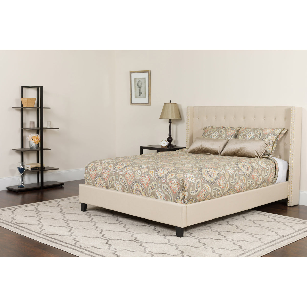 Beige,Full |#| Full Size Tufted Beige Fabric Platform Bed with Accent Nail Trim & Mattress