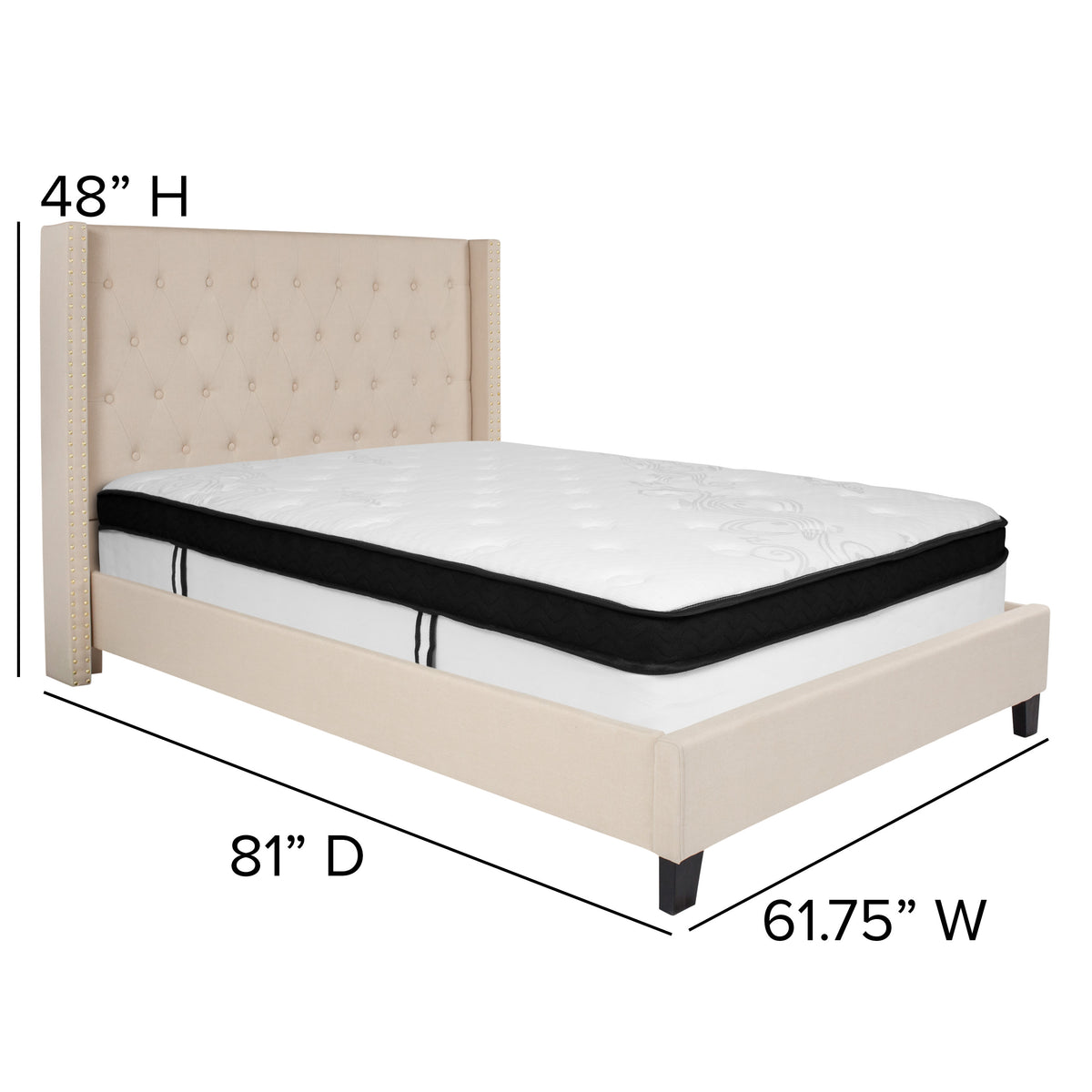 Beige,Full |#| Full Size Tufted Beige Fabric Platform Bed with Accent Nail Trim & Mattress