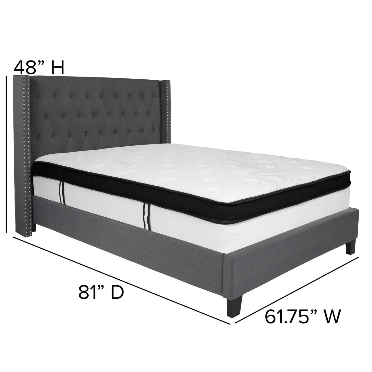 Dark Gray,Full |#| Full Size Tufted Dark Gray Fabric Platform Bed with Accent Nail Trim & Mattress