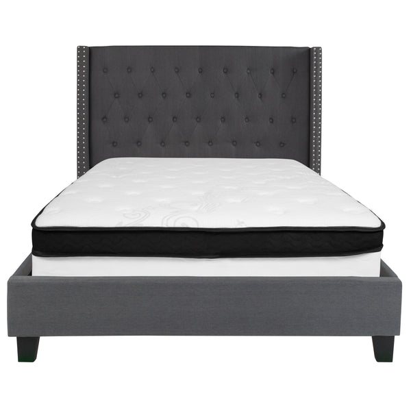 Dark Gray,Full |#| Full Size Tufted Dark Gray Fabric Platform Bed with Accent Nail Trim & Mattress