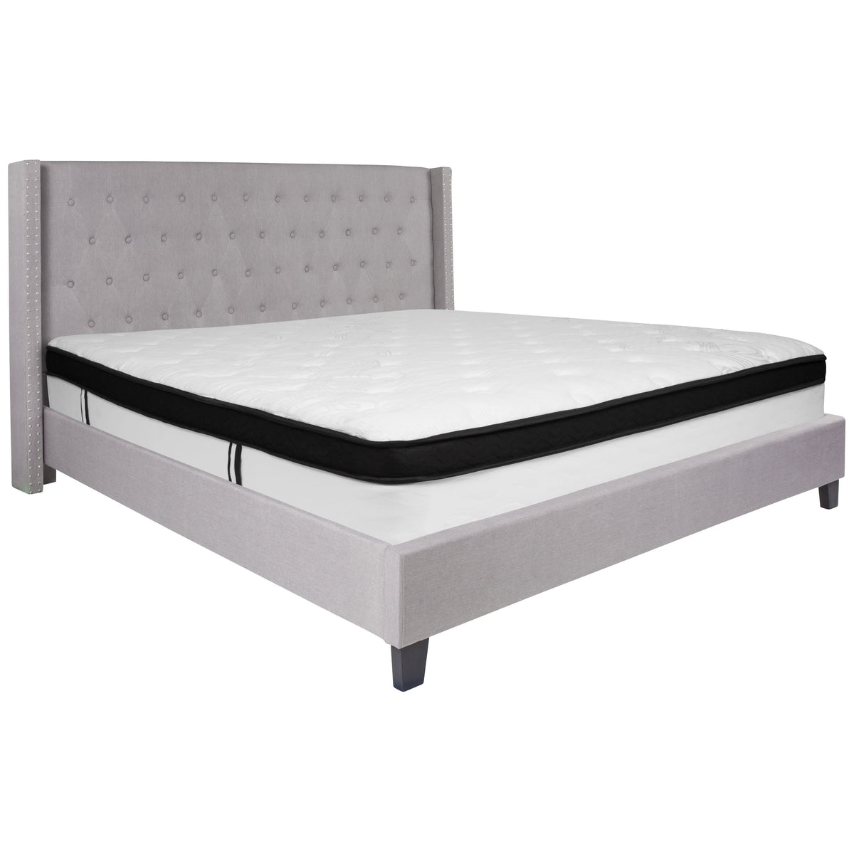 Light Gray,King |#| King Size Tufted Light Gray Fabric Platform Bed with Accent Nail Trim & Mattress