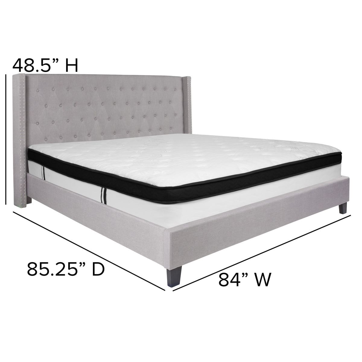 Light Gray,King |#| King Size Tufted Light Gray Fabric Platform Bed with Accent Nail Trim & Mattress