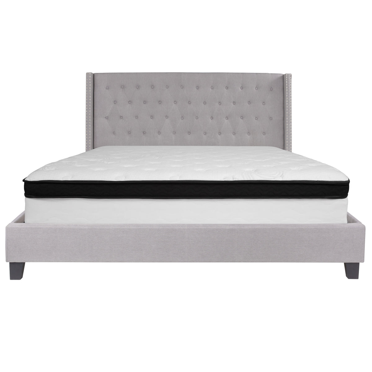 Light Gray,King |#| King Size Tufted Light Gray Fabric Platform Bed with Accent Nail Trim & Mattress