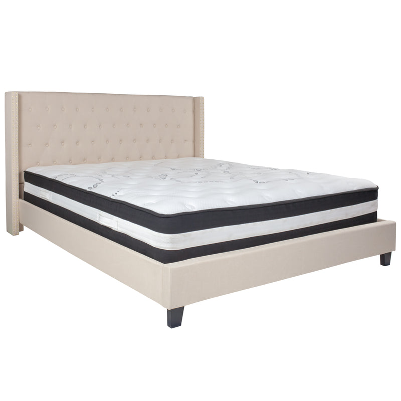 Beige,King |#| King Size Tufted Beige Fabric Platform Bed with Accent Nail Trim & Mattress