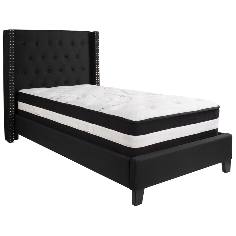 Black,Twin |#| Twin Size Tufted Black Fabric Platform Bed with Accent Nail Trim & Mattress