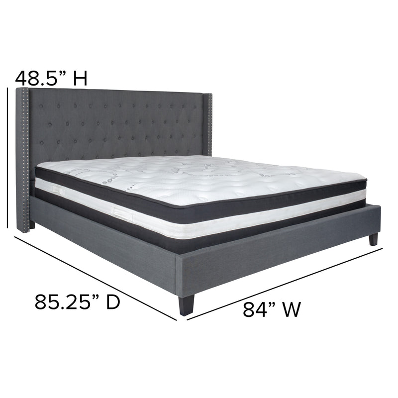 Dark Gray,King |#| King Size Tufted Dark Gray Fabric Platform Bed with Accent Nail Trim & Mattress