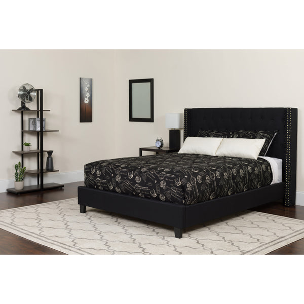 Black,King |#| King Size Tufted Black Fabric Platform Bed with Accent Nail Trim & Mattress