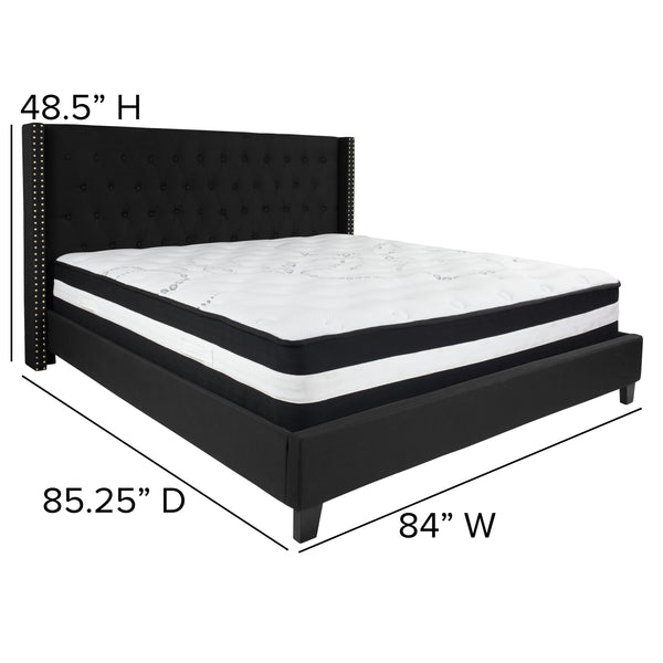 Black,King |#| King Size Tufted Black Fabric Platform Bed with Accent Nail Trim & Mattress
