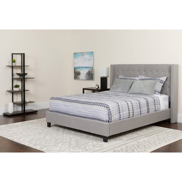 Light Gray,Full |#| Full Size Tufted Light Gray Fabric Platform Bed with Accent Nail Trim & Mattress