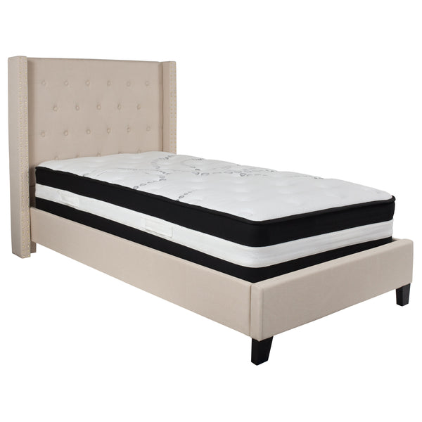 Beige,Twin |#| Twin Size Tufted Beige Fabric Platform Bed with Accent Nail Trim & Mattress